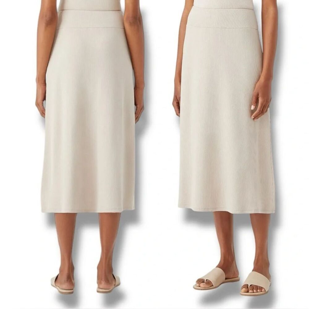 Eileen Fisher Ribbed Knit Midi Skirt Size XL Oatmeal Beige